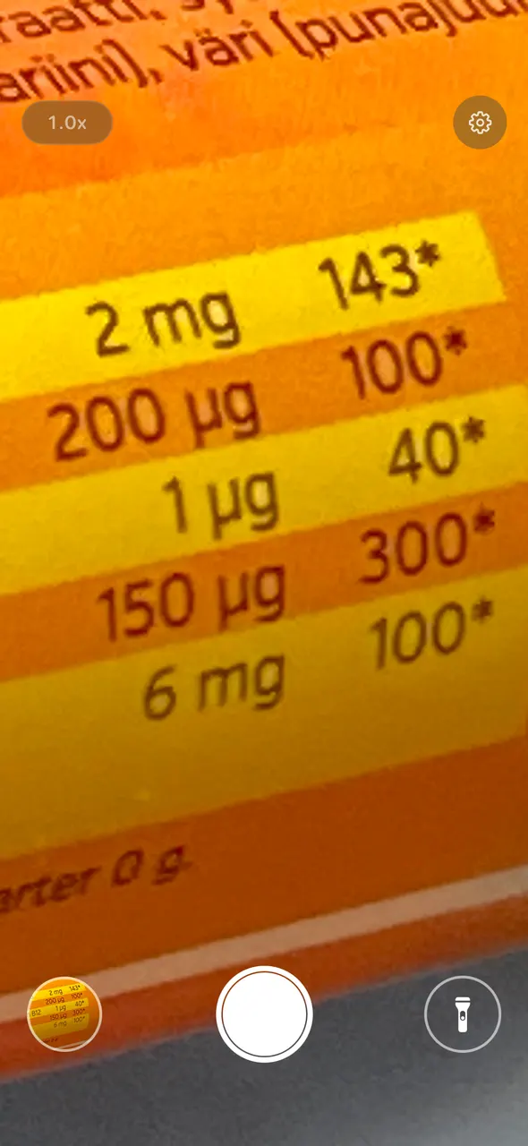 LoupeLens magnifying the small print on a vitamin package